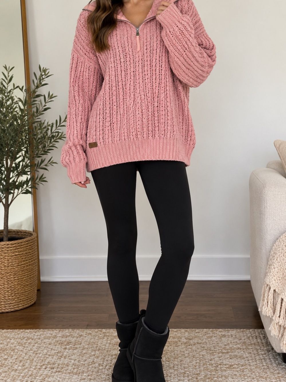 Simply Southern Pink Quarter-Zip Oversized Sweater Size Large Like New